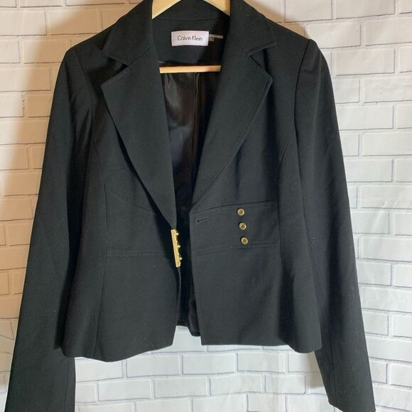 Calvin Klein Black Bar Snap Closure Blazer Sz 2 - Picture 2 of 6